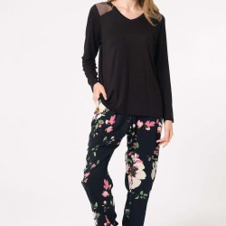 Anıl 9837 Uzun Kol V Yaka Viskon Çiçek Desenli Kışlık Örme Normal Bel İp Detaylı Pijama Takımı