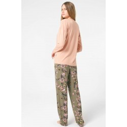 Anıl 9843 Uzun Kol V Yaka Viskon Çiçek Desenli Kışlık Örme Normal Bel Dantel Detaylı Pijama Takımı