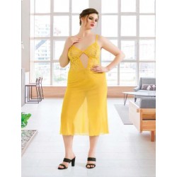 Arias Closet Büyük Beden Sarı Dantelli Tül Fantezi Uzun Yırtmaçlı Gecelik