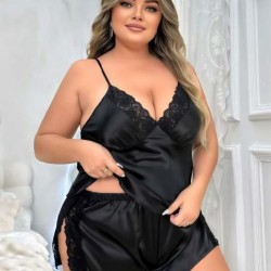 Arias Closet Büyük Beden Siyah Yırtmaç Dantel İşlemeli Saten Şortlu Takım