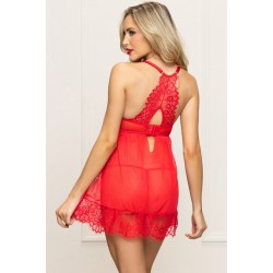 Arias Closet Kırmızı Sırt Dekolteli Dantel İşlemeli Fantezi Tül Gecelik