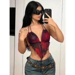 Arias Closet Kırmızı Siyah Desenli İnce Askılı Üçgen Kesim Crop