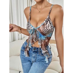 Arias Closet Leopar Desenli İnce Askılı Önden Bağlamalı Fırfır Detaylı Crop