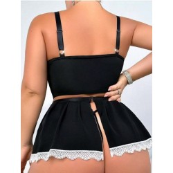 Arias Closet Özel Tasarım Büyük Beden Siyah Dantel İşlemeli Bacak Bantlı Fantezi Hizmetçi Kostümü