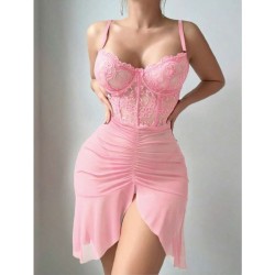 Arias Closet Özel Tasarım Fırfırlı Dantel İşlemeli Tül Fantezi Pembe Gecelik