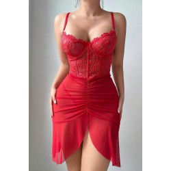 Arias Closet Özel Tasarım Kırmızı Dantel İşlemeli Korse Görünümlü Önden Büzgülü Fantezi Tül Gecelik