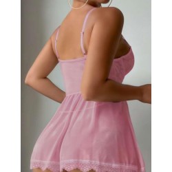 Arias Closet Özel Tasarım Pembe Dantel İşlemeli Tül Fantezi Gecelik