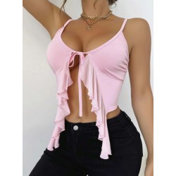 Arias Closet Pembe İnce Askılı Önden Bağlamalı Fırfır Detaylı Crop