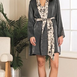 Arias Closet Viskon Desenli Jakarlı Sabahlıklı Gecelik Takımı