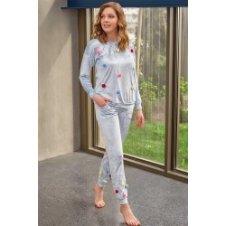Kadın Kadife Göğüs Detaylı Uzun Kol Sweatshirt ve Paça Detaylı Yandan Cepli Pantolon Pijama Takım (9663)