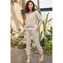 Kadın Pamuklu Çiçek Desenli Yırtmaçlı Uzun Kol Sweatshirt Geniş Askılı Atlet ve Yandan Cepli Pantolon Pijama 3'lü Takım (9758)