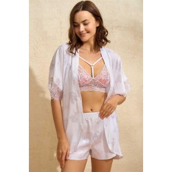 Arias Closet Saten Bride Baskılı Dantelli Sabahlık Balensiz Desteksiz Dolgusuz Bralet Sütyen ve Şort 3'lü Takım