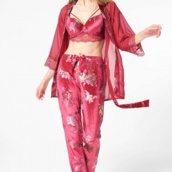 Kadın Tül Dantelli Sabahlık Balenli Destekli Dolgulu Yaka Detaylı Çiçek Baskılı Kadife Büstiyer Sütyen ve Pantolon Pijama 3'lü Takım (5696)