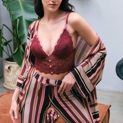 Kadın Viskon Çizgili Sabahlık Balensiz Desteksiz Dolgusuz Dantelli Bralet Sütyen ve Pantolon Pijama 3'lü Takım (5660)