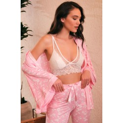 Kadın Viskon Fiyonk Baskılı Sabahlık Balensiz Desteksiz Dolgusuz Dantelli Bralet Sütyen ve Pantolon Pijama 3'lü Takım (5662)