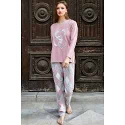 Kadın Viskon Göğüs İşlemeli Uzun Kol Sweatshirt ve Ekose Pantolon Pijama Takım (9741)