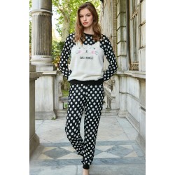 Kadın Viskon Puantiyeli Göğüs Kedi İşlemeli Uzun Kol Sweatshirt ve Pantolon Pijama Takım (9759)