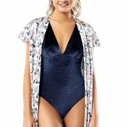 Arias Closet Lacivert Kadife Bodysuit Sabahlık Gecelik Takımı